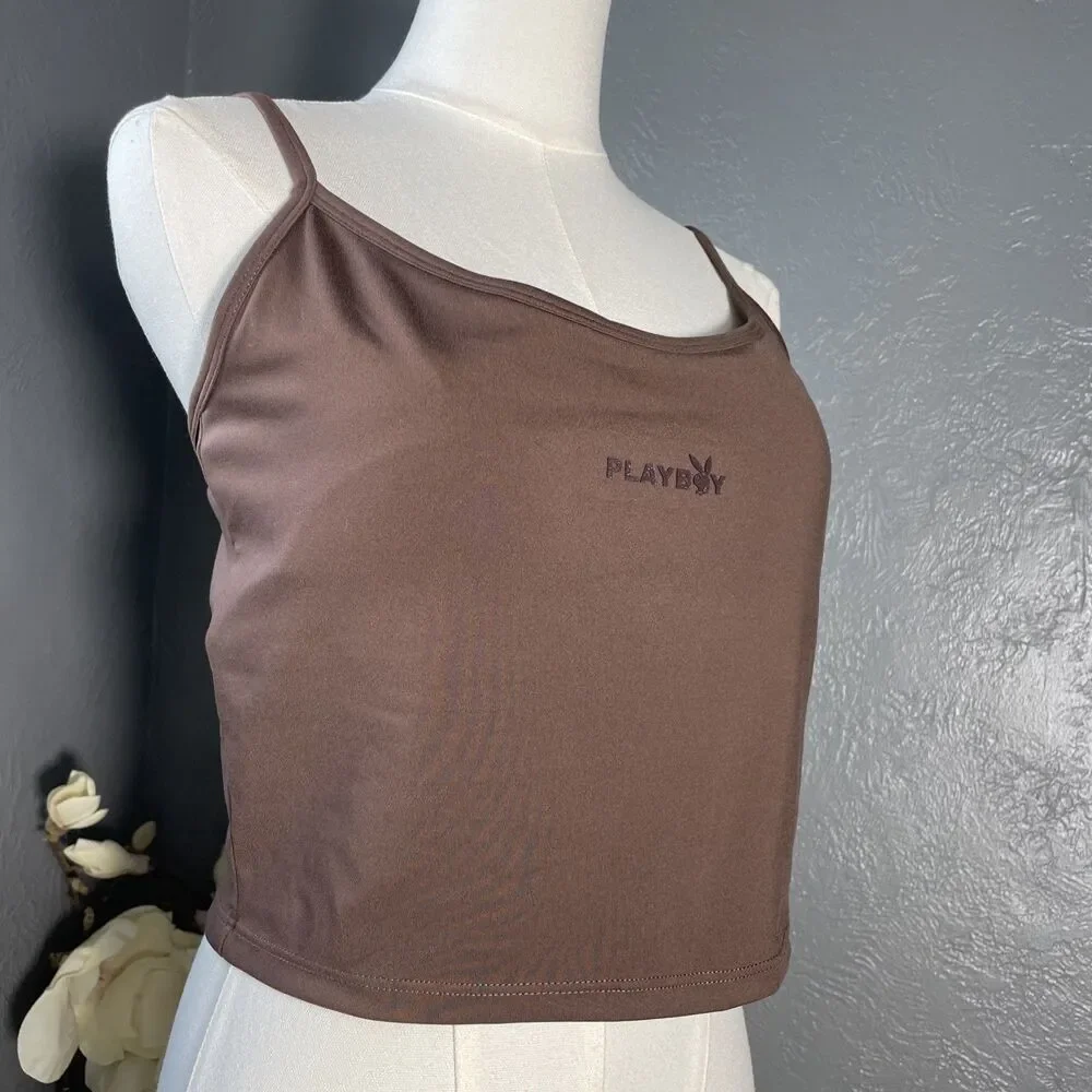 Playboy Sports Bra Adjustable Spagetti Straps Brown Bunny Logo Crop Top XL